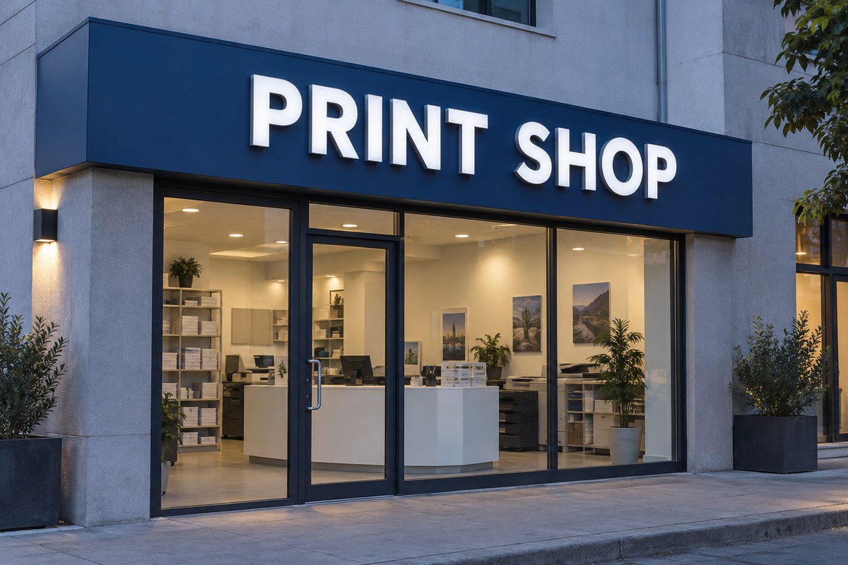 سردر یک فروشگاه با نوشته برجسته PRINT SHOP روی زمینه آبی مستطیل